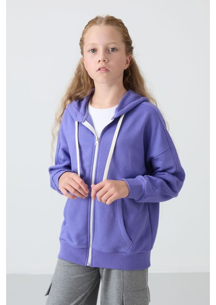 Eflatun Pamuklu Içi Tüylü Yumuşak Dokulu Standart Fit Nakışlı Kız Çocuk sweatshirt - 75149