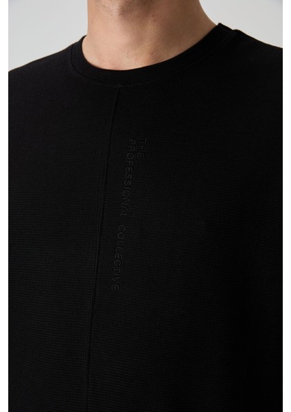 Siyah Pamuklu Kalın Yüzeyi Dokulu Oversize Fit Basic Erkek T-Shirt - 88337