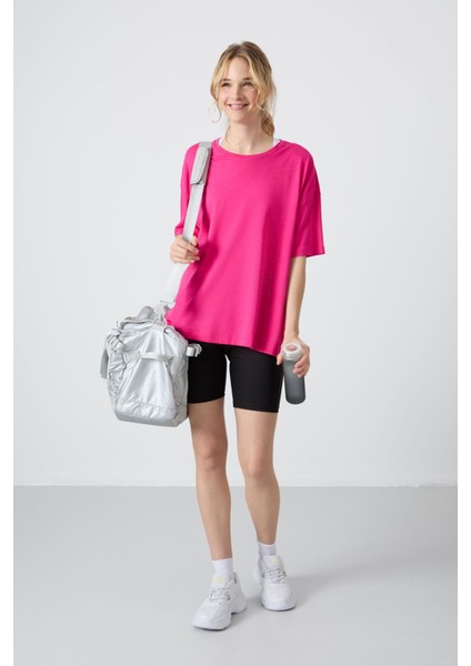 Fuşya Penye Modal Yumuşak Tuşeli Oversize Fit Basic Kadın T-Shirt- 97285
