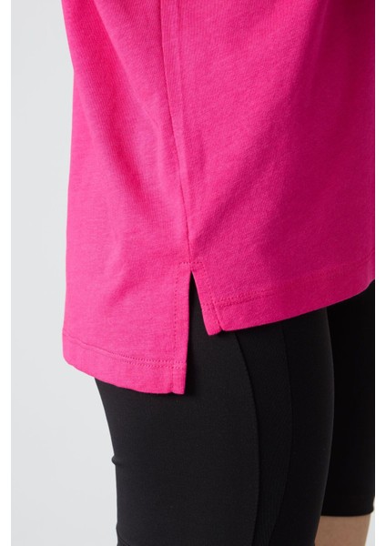 Fuşya Penye Modal Yumuşak Tuşeli Oversize Fit Basic Kadın T-Shirt- 97285