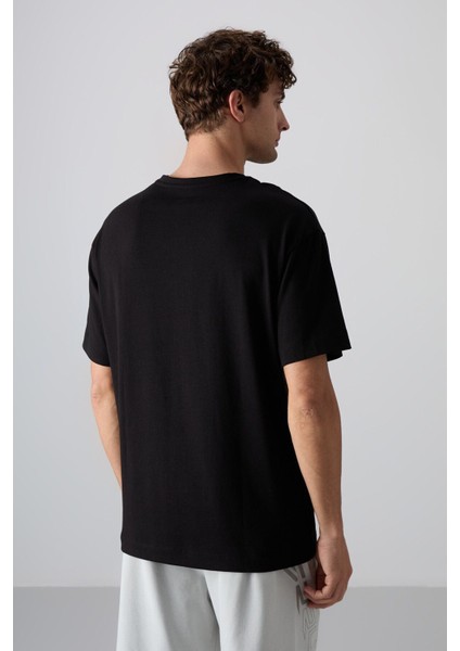 Siyah Pamuklu Kalın Yumuşak Dokulu Oversize Fit Baskılı Erkek T-Shirt - 88329