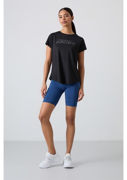 Siyah Polyester Nefes Alan Dokulu İnce Esnek Standart Fit Performans Kadın T-Shirt - 97283