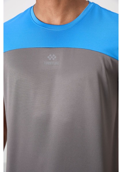Koyu Gri Polyester Nefes Alan Dokulu İnce Esnek Standart Fit Erkek Performans T-Shirt - 88386