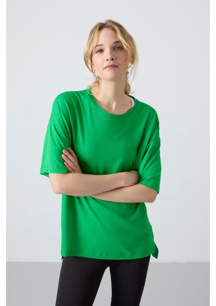 Yeşil Penye Modal Yumuşak Tuşeli Oversize Fit Basic Kadın T-Shirt- 97285