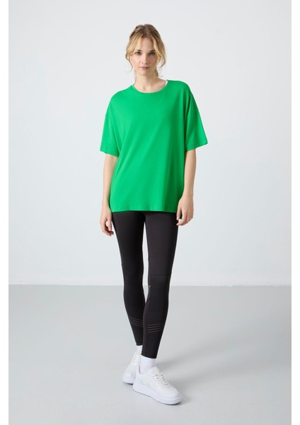 Yeşil Penye Modal Yumuşak Tuşeli Oversize Fit Basic Kadın T-Shirt- 97285