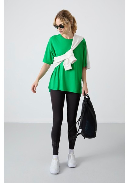 Yeşil Penye Modal Yumuşak Tuşeli Oversize Fit Basic Kadın T-Shirt- 97285