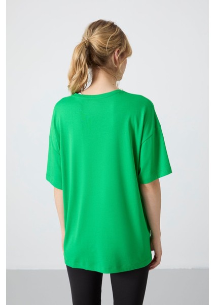 Yeşil Penye Modal Yumuşak Tuşeli Oversize Fit Basic Kadın T-Shirt- 97285