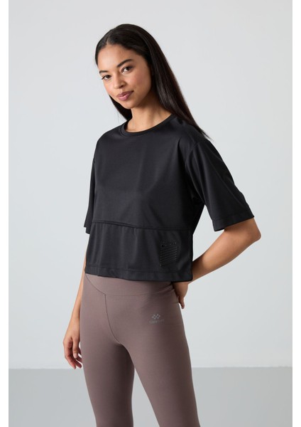 Siyah Polyester Nefes Alan Dokulu İnce Esnek Oversize Fit Performans Kadın T-Shirt - 97284