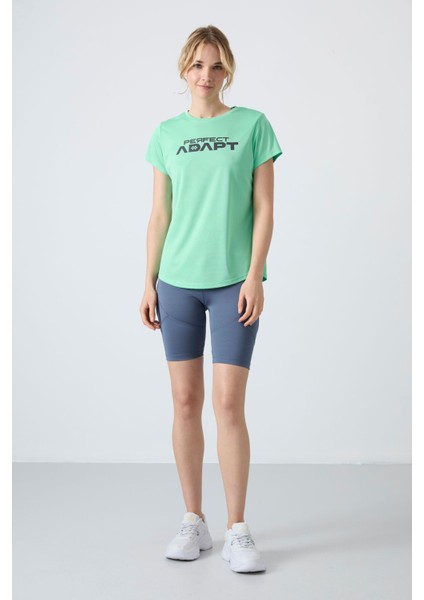 Su Yeşili Polyester Nefes Alan Dokulu İnce Esnek Standart Fit Performans Kadın T-Shirt - 97283
