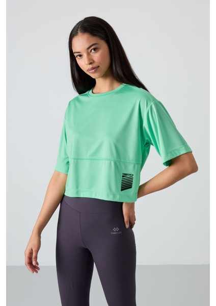 Su Yeşili Polyester Nefes Alan Dokulu İnce Esnek Oversize Fit Performans Kadın T-Shirt - 97284