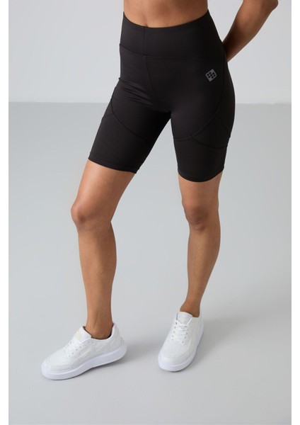 Siyah Polyester Esnek Standart Fit Performans Kadın Biker Tayt - 91013
