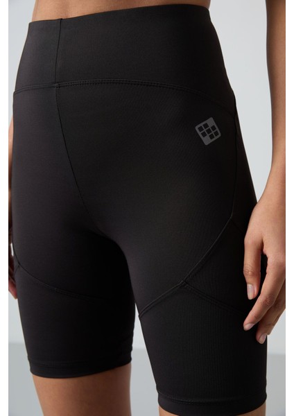 Siyah Polyester Esnek Standart Fit Performans Kadın Biker Tayt - 91013