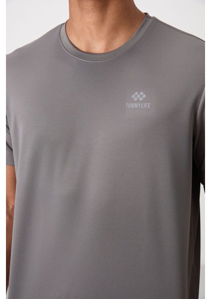 Koyu Gri O Yaka Standart Kalıp Logo Desenli Aktif Spor Erkek T-Shirt - 88255