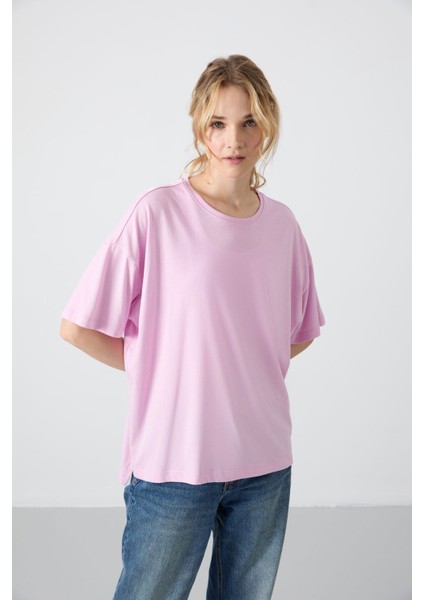 Pembe Penye Modal Yumuşak Tuşeli Oversize Fit Basic Kadın T-Shirt- 97285