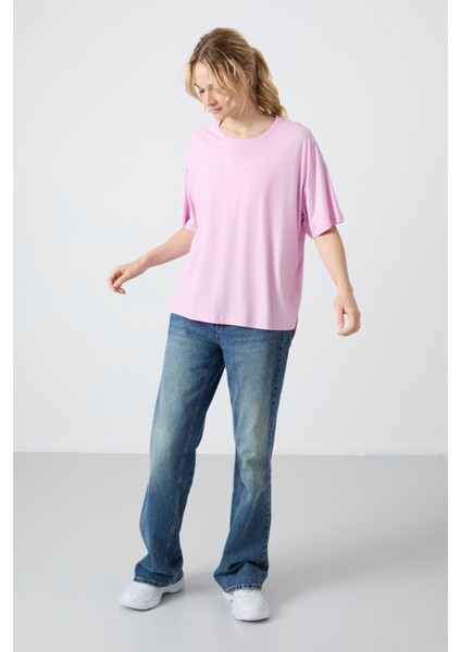 Pembe Penye Modal Yumuşak Tuşeli Oversize Fit Basic Kadın T-Shirt- 97285