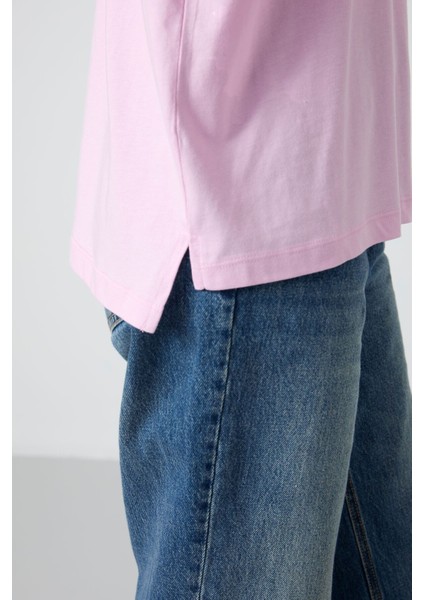 Pembe Penye Modal Yumuşak Tuşeli Oversize Fit Basic Kadın T-Shirt- 97285