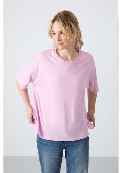 Pembe Penye Modal Yumuşak Tuşeli Oversize Fit Basic Kadın T-Shirt- 97285