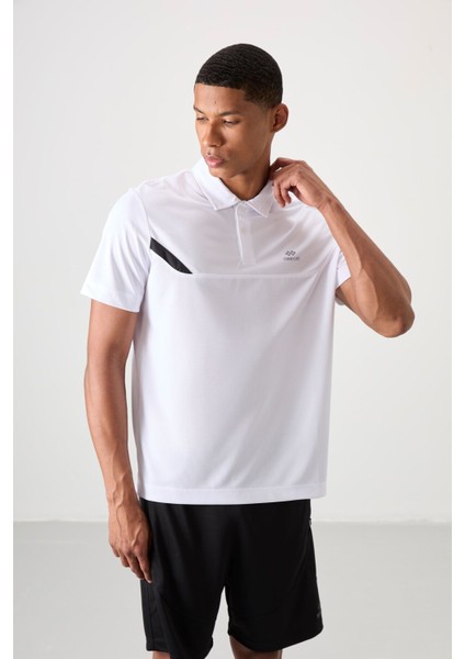 Beyaz Polyester Nefes Alan Dokulu İnce Esnek Standart Fit Polo Yaka Erkek Performans T-Shirt - 88402