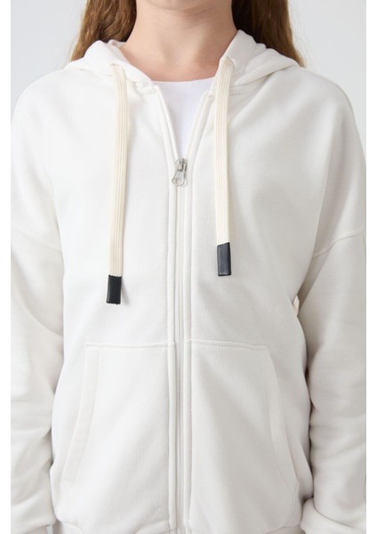 Ekru Pamuklu Içi Tüylü Yumuşak Dokulu Standart Fit Nakışlı Kız Çocuk sweatshirt - 75149