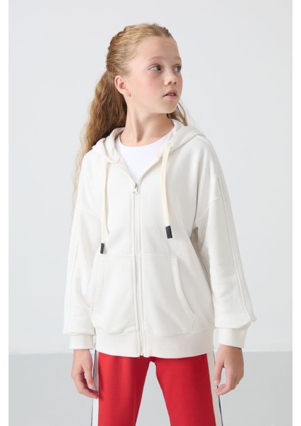Ekru Pamuklu Içi Tüylü Yumuşak Dokulu Standart Fit Nakışlı Kız Çocuk sweatshirt - 75149