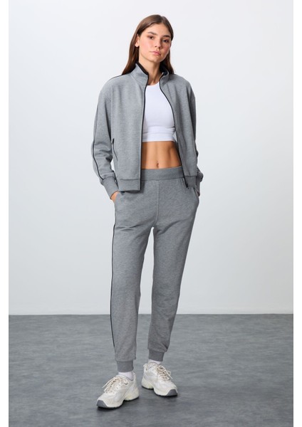 Gri Melanj Kompakt Pamuklu Kalın Pürüzsüz Dokulu Dik Yaka Oversize Fit Kadın Eşofman Takım - 95340