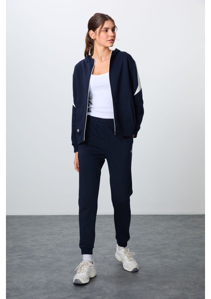 Indigo Kompakt Pamuklu Kalın Pürüzsüz Dokulu Kapüşonlu Oversize Fit Kadın Eşofman Takım - 95343