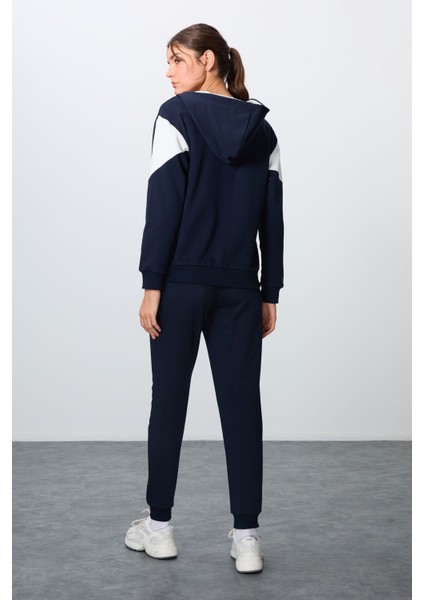 Indigo Kompakt Pamuklu Kalın Pürüzsüz Dokulu Kapüşonlu Oversize Fit Kadın Eşofman Takım - 95343