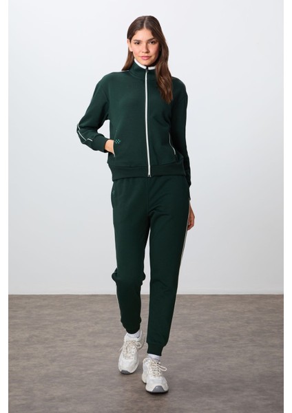 Çam Yeşili Kompakt Pamuklu Kalın Pürüzsüz Dokulu Dik Yaka Oversize Fit Kadın Eşofman Takım - 95340 modelleri