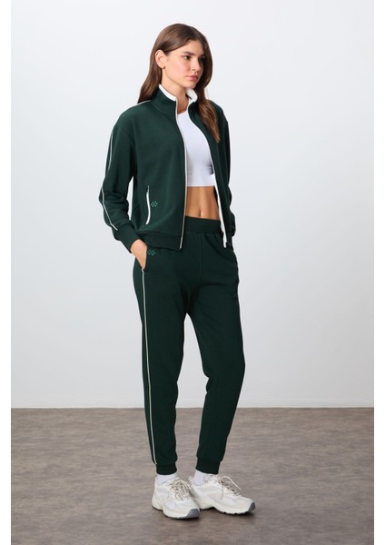 Çam Yeşili Kompakt Pamuklu Kalın Pürüzsüz Dokulu Dik Yaka Oversize Fit Kadın Eşofman Takım - 95340