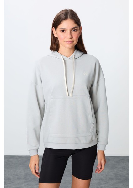 Taş Kompakt Pamuklu Kalın Pürüzsüz Dokulu Kapüşonlu Oversize Fit Kadın Sweatshirt - 97291