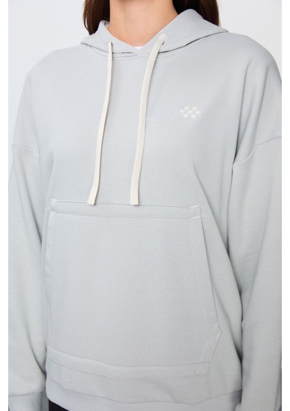 Taş Kompakt Pamuklu Kalın Pürüzsüz Dokulu Kapüşonlu Oversize Fit Kadın Sweatshirt - 97291