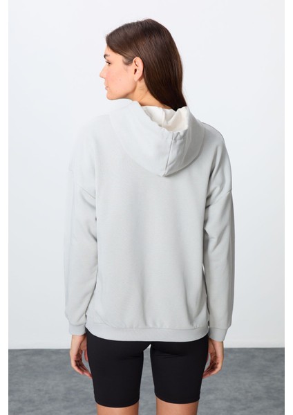 Taş Kompakt Pamuklu Kalın Pürüzsüz Dokulu Kapüşonlu Oversize Fit Kadın Sweatshirt - 97291
