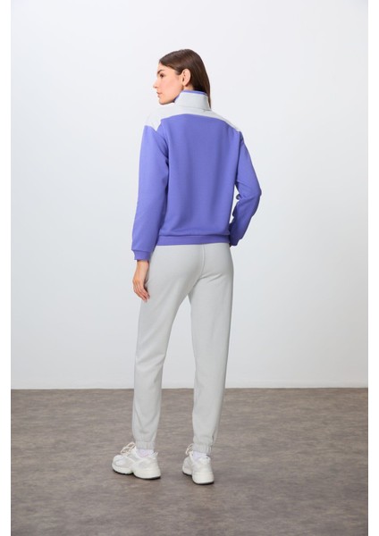 Eflatun-Taş Kompakt Pamuklu Kalın Pürüzsüz Dokulu Dik Yaka Oversize Fit Kadın Eşofman Takım - 95342