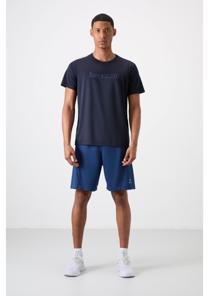 Lacivert Polyester Nefes Alan Dokulu İnce Esnek Standart Fit Erkek Performans T-Shirt - 88385