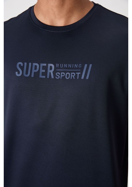 Lacivert Polyester Nefes Alan Dokulu İnce Esnek Standart Fit Erkek Performans T-Shirt - 88385