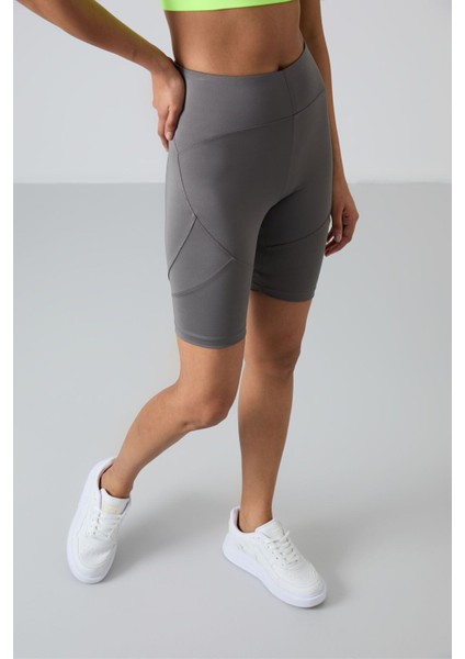 Koyu Gri Polyester Esnek Standart Fit Performans Kadın Biker Tayt - 91013