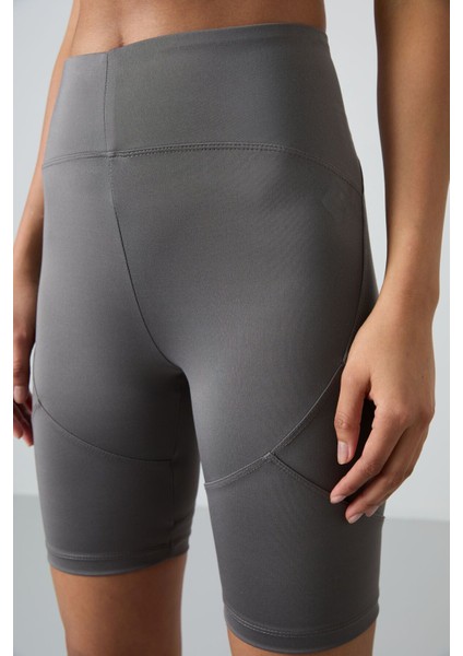 Koyu Gri Polyester Esnek Standart Fit Performans Kadın Biker Tayt - 91013