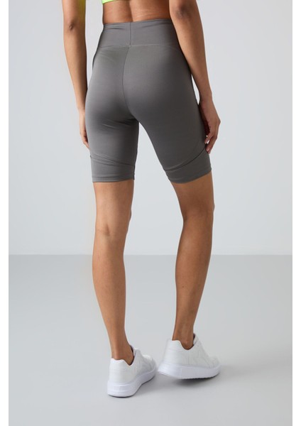 Koyu Gri Polyester Esnek Standart Fit Performans Kadın Biker Tayt - 91013