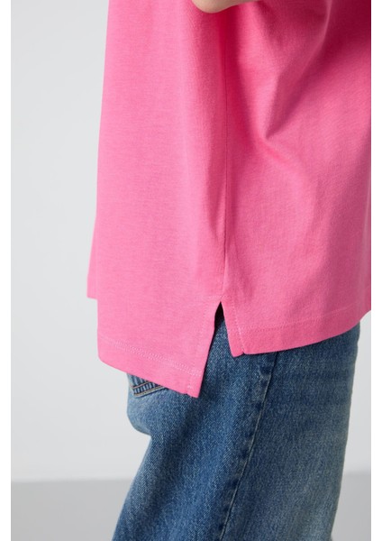 Şeker Pembe Penye Modal Yumuşak Tuşeli Oversize Fit Basic Kadın T-Shirt- 97285