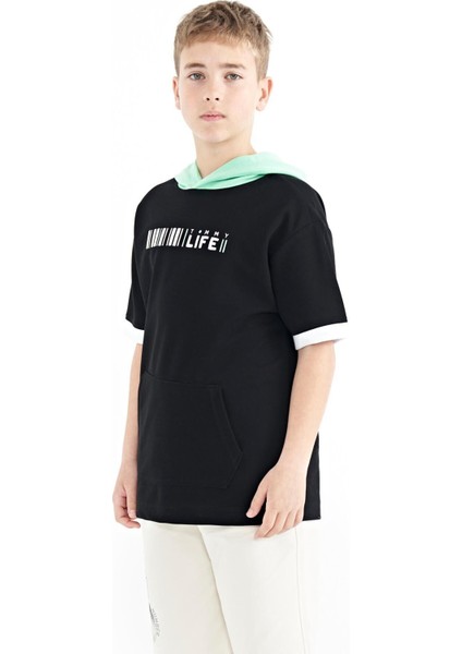 Siyah Renk Bloklu Kapüşonlu Kanguru Cepli Oversize Erkek Çocuk T-Shirt - 11148