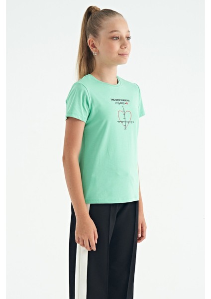 Su Yeşili O Yaka Baskı Detaylı Rahat Kalıp Kız Çocuk T-Shirt - 75129 modelleri