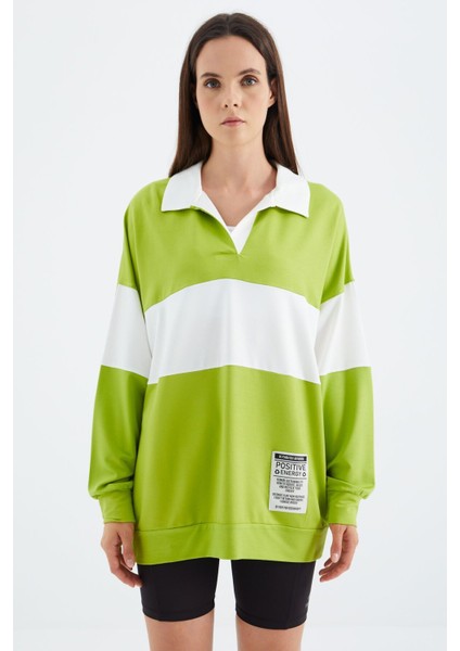 Lime Yeşil Polo Yaka Renk Bloklu Oversize Kadın Sweatshirt - 02377