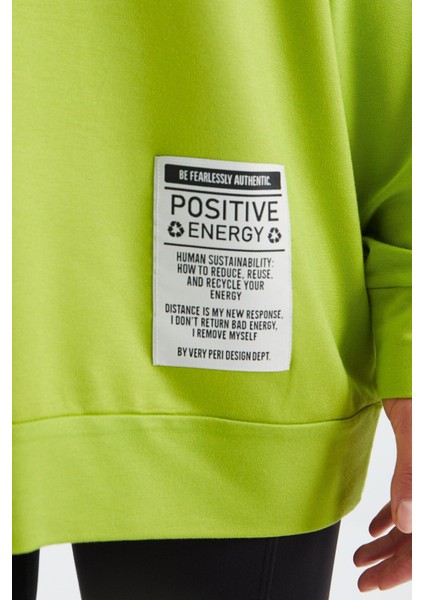 Lime Yeşil Polo Yaka Renk Bloklu Oversize Kadın Sweatshirt - 02377