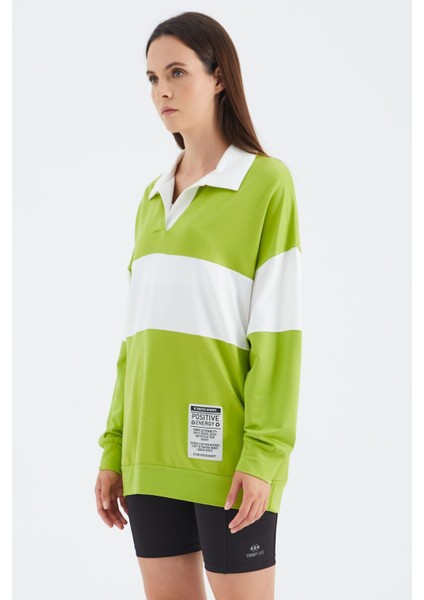 Lime Yeşil Polo Yaka Renk Bloklu Oversize Kadın Sweatshirt - 02377