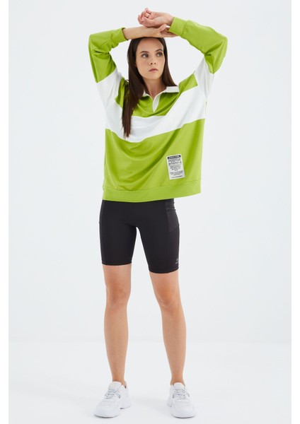 Lime Yeşil Polo Yaka Renk Bloklu Oversize Kadın Sweatshirt - 02377