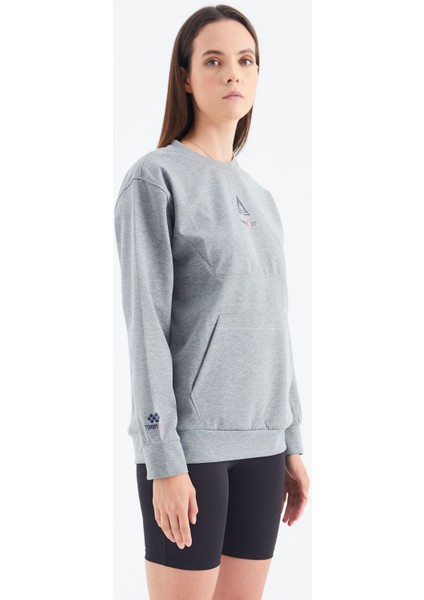 Tommy Life Gri Melanj O Yaka Cep Detaylı Oversize Kadın Sweatshirt - 97276