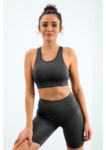 Koyu Gri Yüksek Bel Toparlayıcı Slim Fit Büstiyer Biker Kadın Tayt Takım - 95303