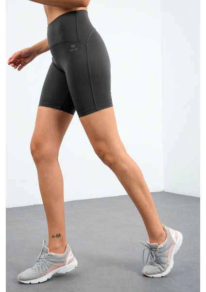 Koyu Gri Yüksek Bel Toparlayıcı Slim Fit Büstiyer Biker Kadın Tayt Takım - 95303