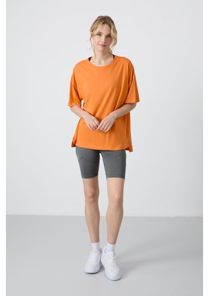 Tommy Life Oranj Penye Modal Yumuşak Tuşeli Oversize Fit Basic Kadın T-Shirt- 97285