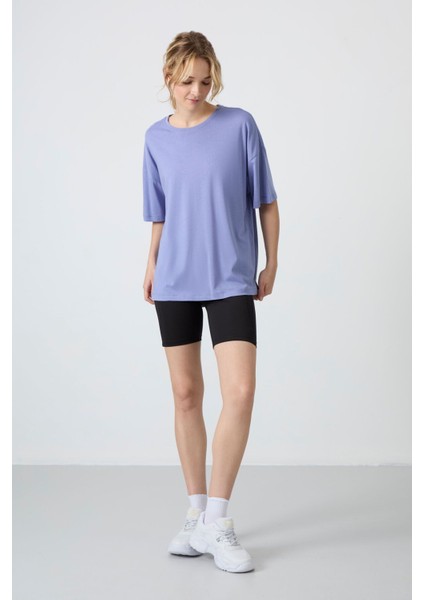 Tommy Life Açık Eflatun Penye Modal Yumuşak Tuşeli Oversize Fit Basic Kadın T-Shirt- 97285